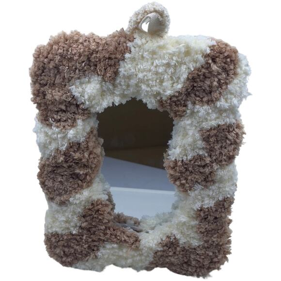 Furry Tufted Framed Mirror - NWT - Wall or Desktop Dorm Room Decor - White Tan - Picture 1 of 11